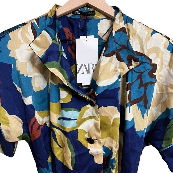 Zara Floral Silky Belted Short Sleeve Jumpsuit. Blue Green. Size L #969 NWT - Picture 6 of 7